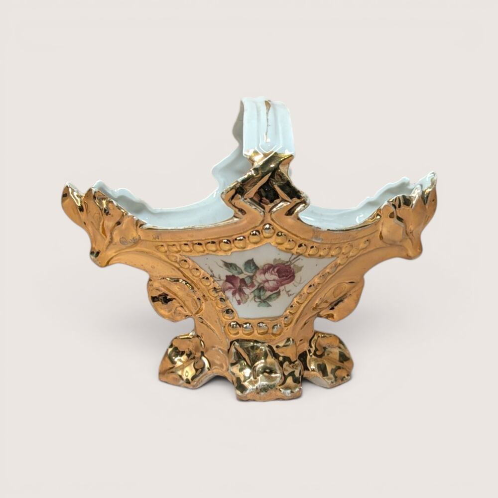 1950s Porcelain Gold Gilt Floral Small Basket
